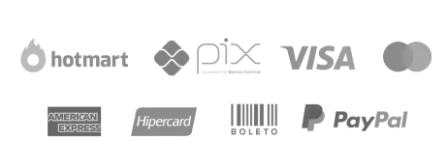 Formas de pagamento: Hotmart, Pix, Visa, Mastercard, Amex, Hipercard, Boleto, PayPal